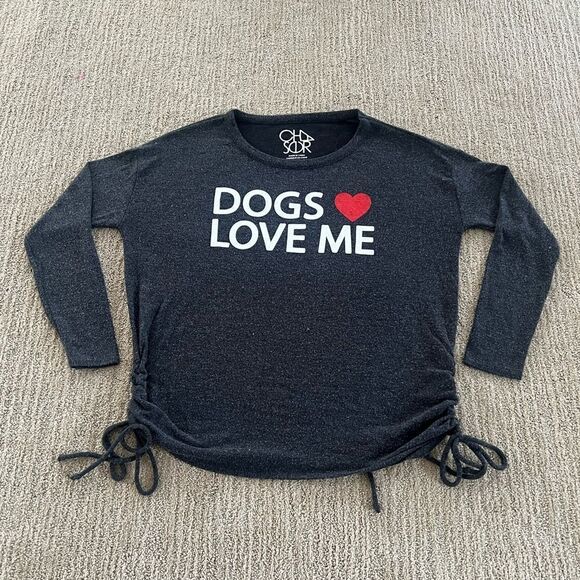 Chaser Grey "Dogs Love Me" Crewneck Sweatshirt with Ties on the Sides - Picture 1 of 6